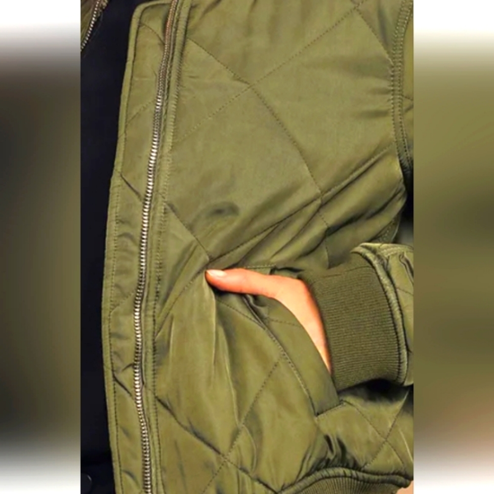 Woman's quilted cropped olive green flight jacket